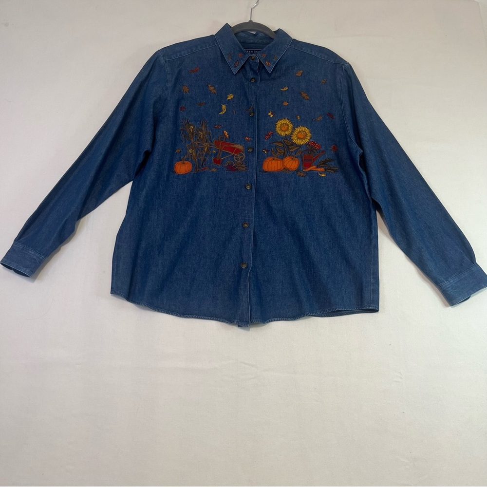 Vintage fall denim button down Karen scott fall scene